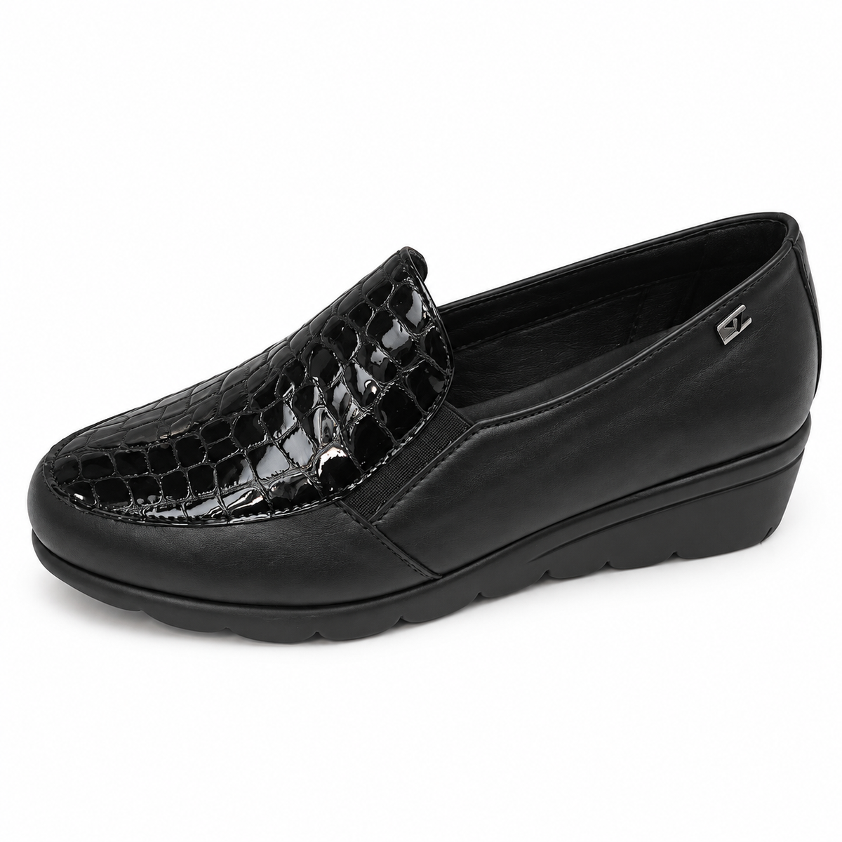 Valleverde VS10301E — Mocassino donna nero con zeppa e inserto effetto cocco