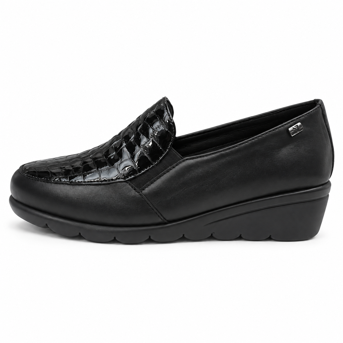 Valleverde VS10301E — Mocassino donna nero con zeppa e inserto effetto cocco