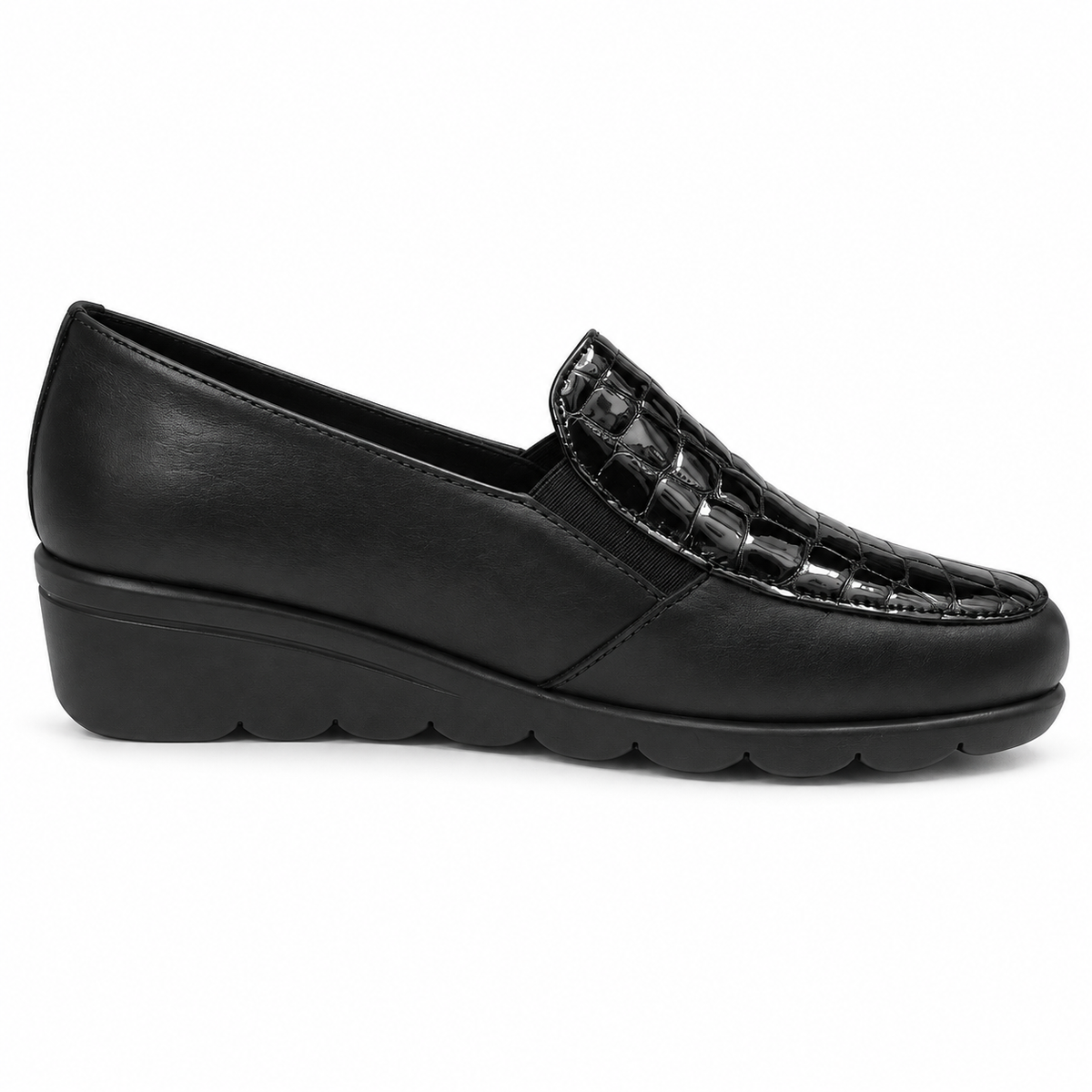 Valleverde VS10301E — Mocassino donna nero con zeppa e inserto effetto cocco
